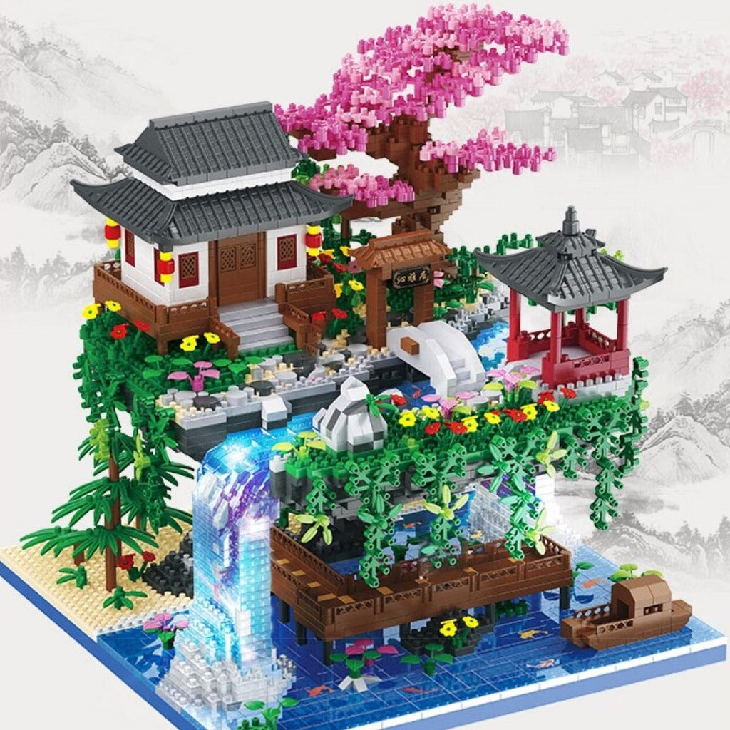 Waterfall Japanese House Sakura Tree Floating Island Nano Building Blocks | Limited Stock - Kawaiies - Adorable - Cute - Plushies - Plush - Kawaii