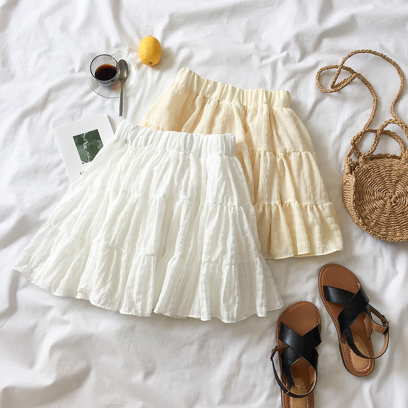 White Beige Ruffles Elastic High Waist Mini Skirt - Kawaiies - Adorable - Cute - Plushies - Plush - Kawaii