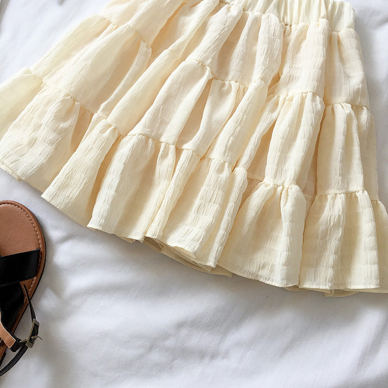 White Beige Ruffles Elastic High Waist Mini Skirt - Kawaiies - Adorable - Cute - Plushies - Plush - Kawaii