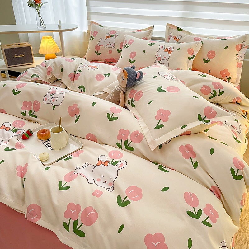 kawaiies-softtoys-plushies-kawaii-plush-White Bunny Peach Flower Bedding Set Home Decor 