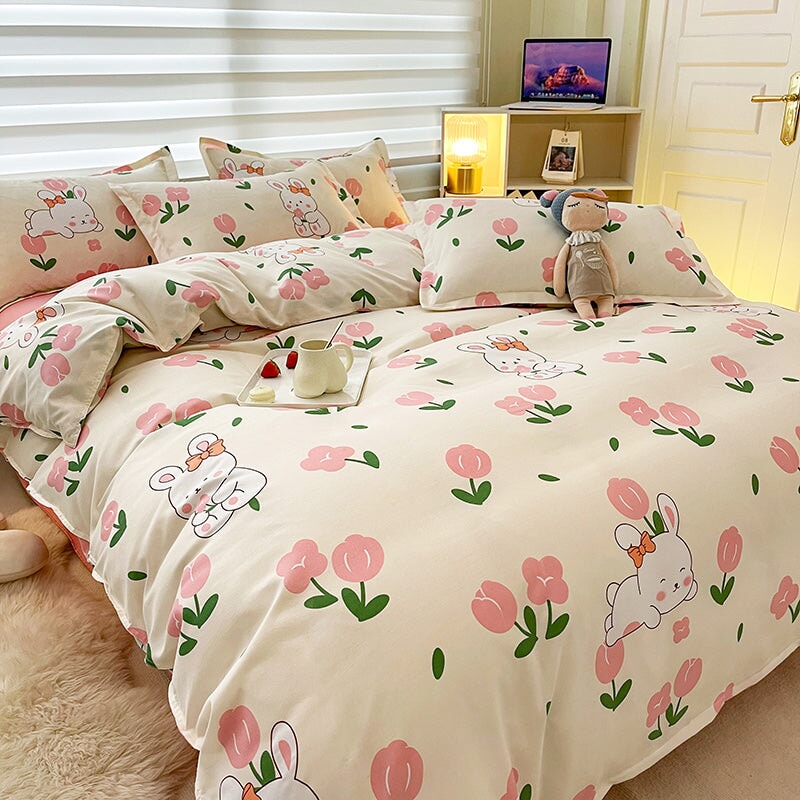 kawaiies-softtoys-plushies-kawaii-plush-White Bunny Peach Flower Bedding Set Home Decor 